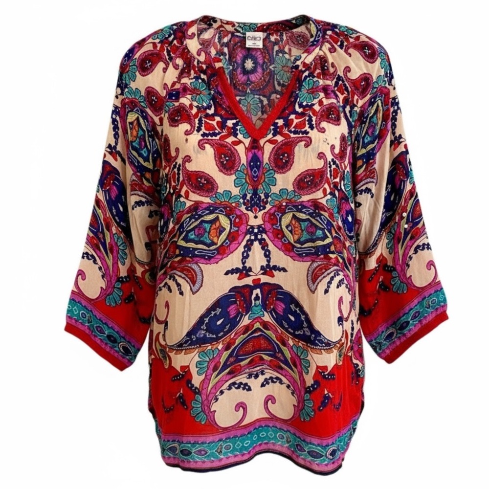 BILA Women’s Top Size Medium Made in India Colorful Sheer NO stretch